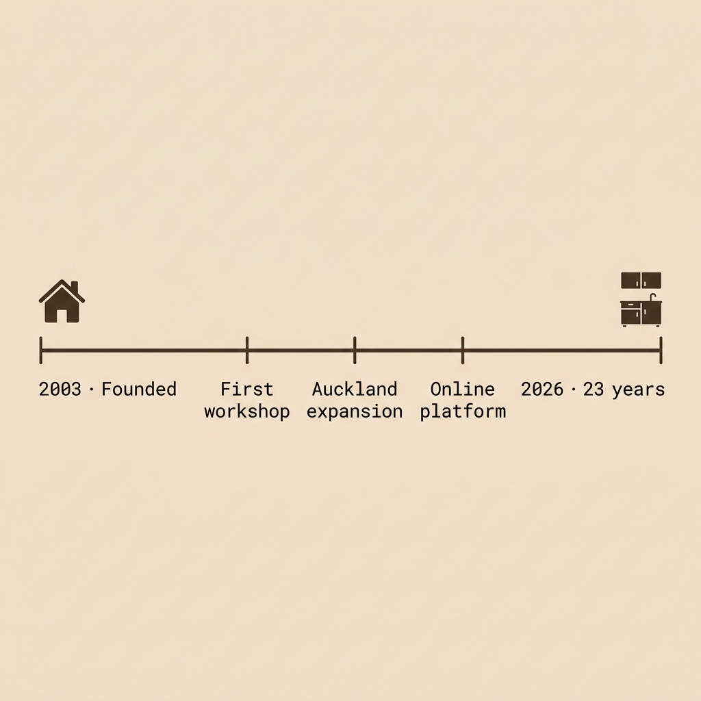 Timeline of the MTNKM family business from 2003 founding to 2026, showing 23 years of operation