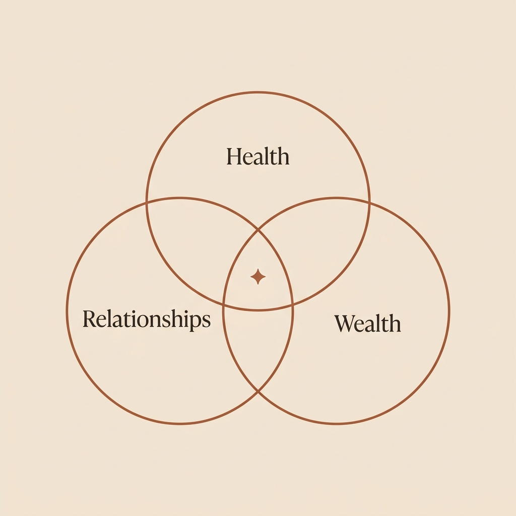 Three overlapping circles labelled Relationships, Health, Wealth — the RHW framework